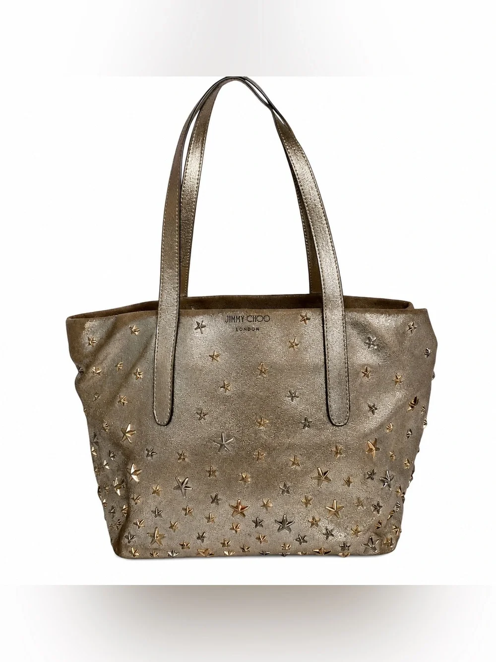 JIMMY CHOOSE Star Studded Gold Silver Metallic Emblem Tote Shoulder Bag
